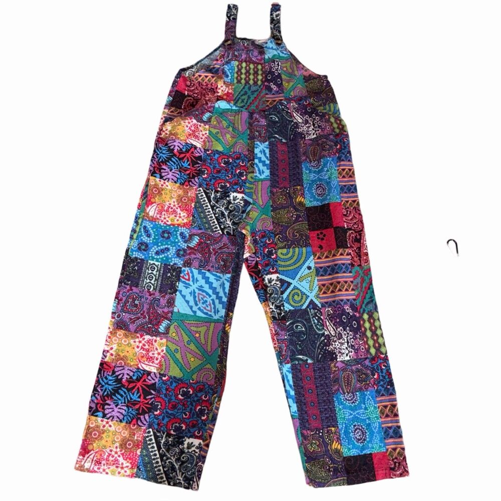 Boho Baggy Hippy Patchwork Overall Maxi Wide Leg Jumpsuit Size Small